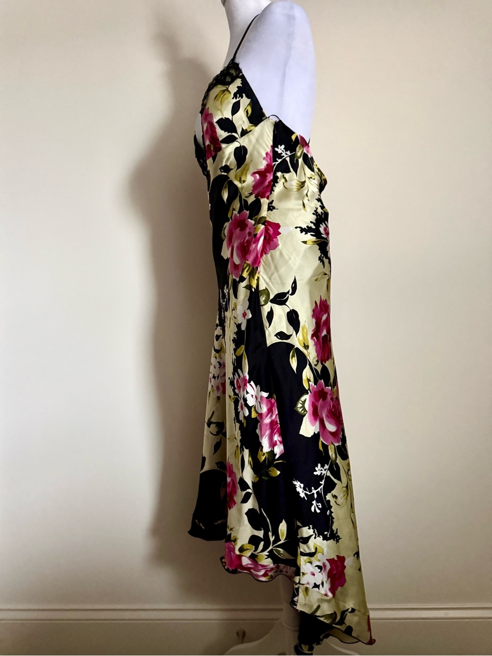 Mary L Couture Black Floral Slip Dress with Pink & Cream Accents 100% Silk - Picture 2 of 12